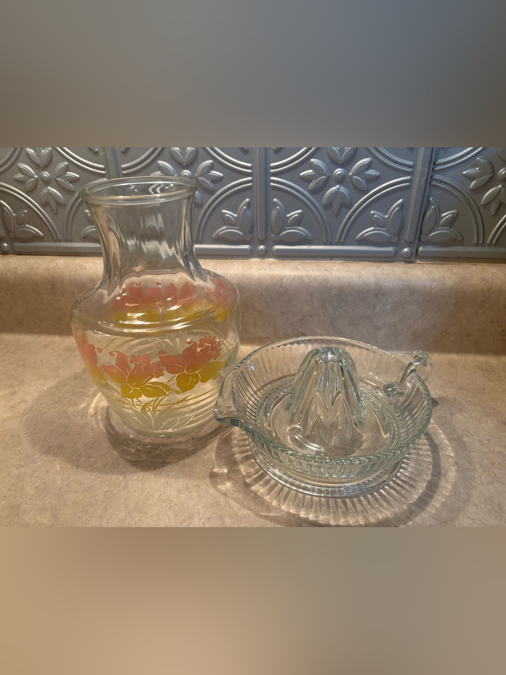 Vintage Anchor Hocking Pitcher with Floral Print and Glass Citrus Juicer